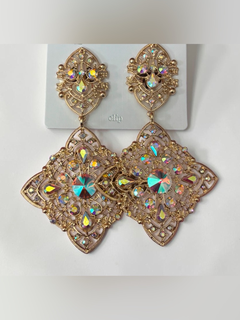 Clip On Gold-Tone Aurora Borealis Filigree Earrings - Women Jewelry